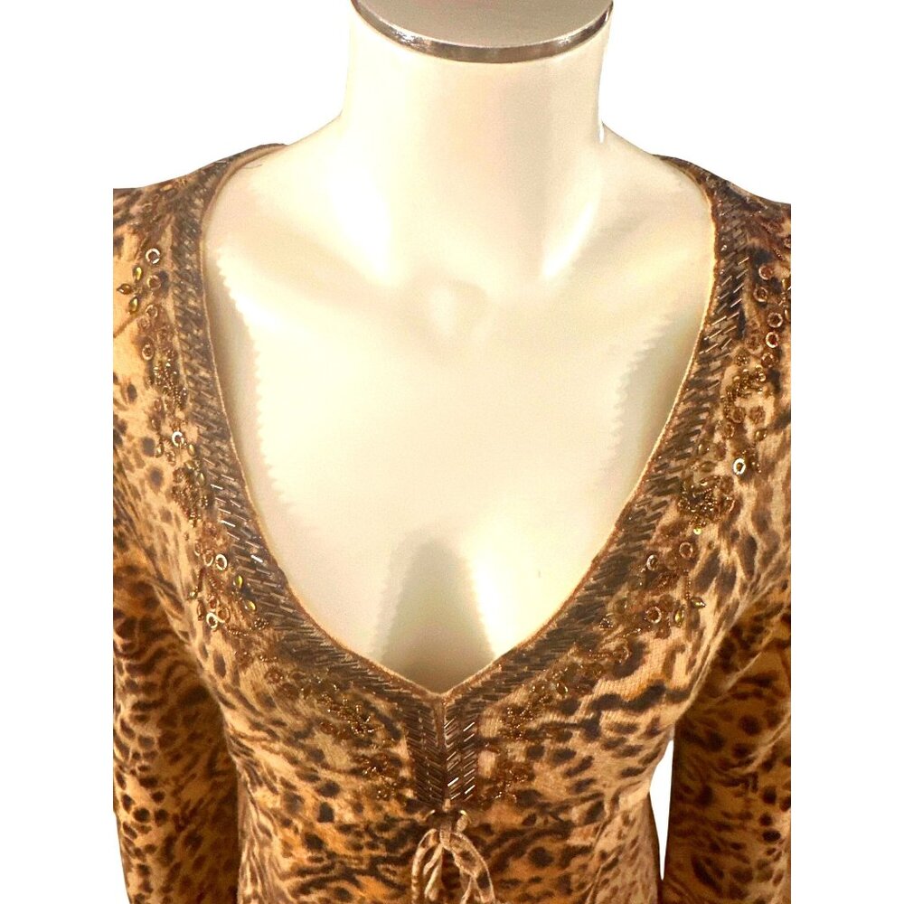 Dana Buchman Size M Brown Leopard Print Merino Wool Beaded Tunic Sweater Blouse - Picture 6 of 13